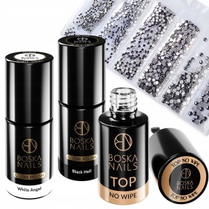 Boska Nails zestaw Black and White 3 x lakier hybrydowy + cyrkonie szlifowane 1440 sztuk