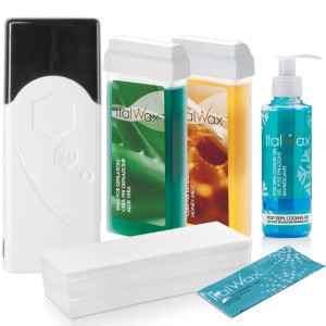 ItalWax Zestaw do depilacji - podgrzewacz (czarny korek) + 2x wosk w rolce 100ml Honey i Aloe + preparat + paski + talk