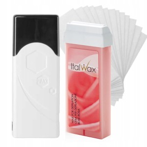 ItalWax Zestaw do depilacji - podgrzewacz (czarny korek) + wosk w rolce 100ml Rose + paski 50 sztuk