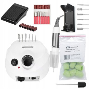 Zestaw do paznokci - frezarka do manicure i pedicure 65W biała + 10x kapturek 10mm #150 + nośnik gumowy