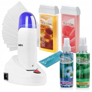ItalWax Zestaw do depilacji - podgrzewacz z bazą ładującą + 2x wosk w rolce 100ml (do wyboru) + preparaty + paski + talk