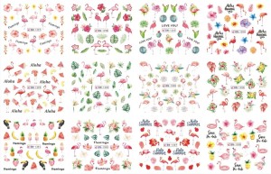 Naklejki wodne na paznokcie 12 wzorów nr BN1297-1308 flamingi summer lato arbuzy banany