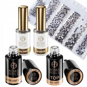 Boska Nails Zestaw do paznokci hybrydowych - Base Coat 6ml + Top No Wipe 6ml + dehydrator 10ml + primer bezkwasowy 10ml + ozdoby do paznokci