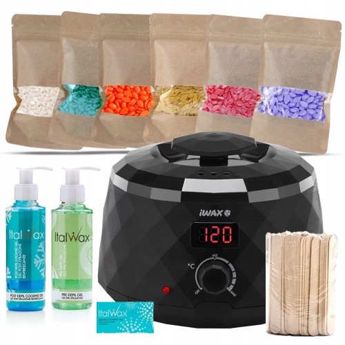 ItalWax Zestaw do depilacji - podgrzewacz iWax Black Diamond 100W + 6x wosk twardy 100g + preparat przed i po depilacji + talk + szpatułki