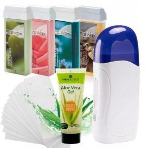 ItalWax Zestaw do depilacji paskowej - podgrzewacz biało-niebieski + 4x wosk w rolce 100ml + żel aloesowy 230ml + paski