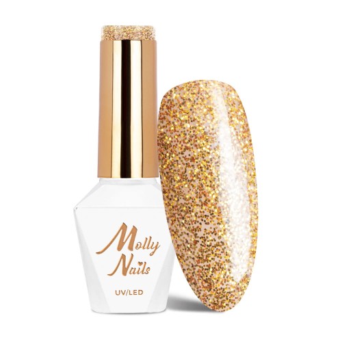 Molly Nails Sensual Nr 208 Aurelie Gel Polish HEMA/Di-HEMA Free Złoty brokatowy lakier hybrydowy LED/UV 8g