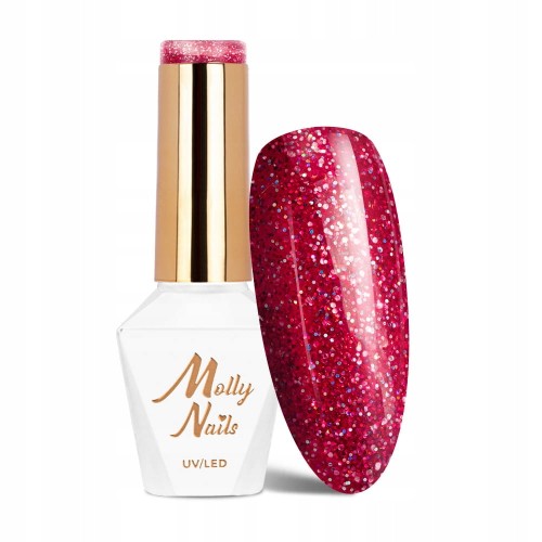 Molly Nails Spotlight 632 Fan Your Flames Gel Polish HEMA/Di-HEMA Free Czerwony lakier hybrydowy z drobinkami LED/UV 8g