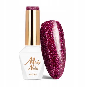 Molly Nails Spotlight 633 Passionate Gel Polish HEMA/Di-HEMA Free Czerwony lakier hybrydowy z drobinkami LED/UV 8g