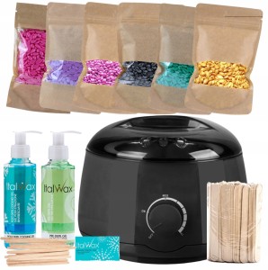 ItalWax Zestaw do depilacji - podgrzewacz Black 100W + 6x wosk twardy Premium 100g + preparat przed i po depilacji + talk + szpatułki