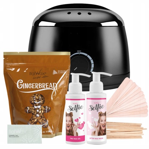 ItalWax Zestaw do depilacji - podgrzewacz Black 100W + wosk do depilacji twardy Ginger Bread 500g + preparat Selfie przed i po depilacji + szpatułki + talk