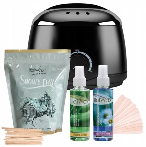 ItalWax Zestaw do depilacji - podgrzewacz Black 100W + wosk do depilacji twardy Snowy Day 500g + preparat przed i po depilacji + szpatułki