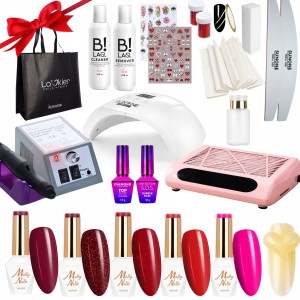 Duży zestaw hybrydowy na Walentynki - lampa + frezarka + pochłaniacz do pyłu + 5x lakier hybrydowy Molly Nails + preparaty  + akcesoria + gratis brokatowa torba