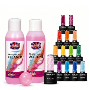 SunOne Zestaw Lakierów Hybrydowych 15szt mix kolorów Aceton Cleaner Guma Balonowa 100ml