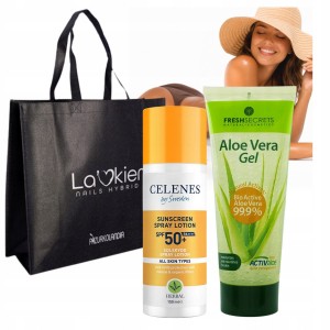 Zestaw do opalania – Celenes by Sweden Sunscreen Spray Lotion All Skin Types SPF 50 + Fresh Secrets Aloe Vera Gel + Torba Plażowa