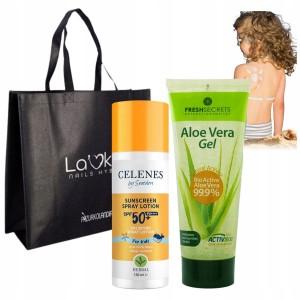 Zestaw do opalania – Celenes by Sweden Sunscreen Spray Lotion for Kids SPF 50 + Fresh Secrets Aloe Vera Gel + Torba Plażowa