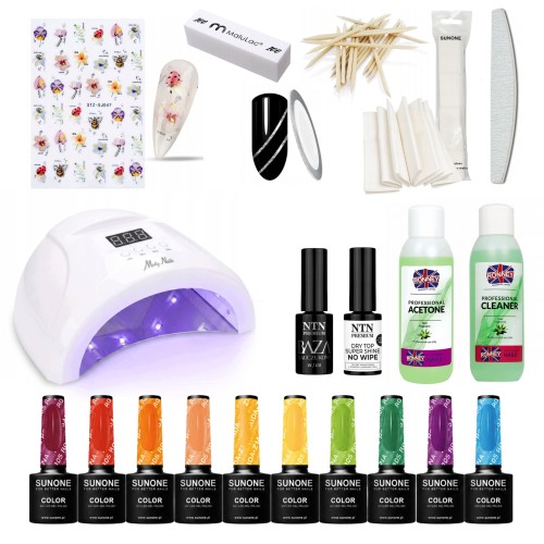 SunOne kompletny zestaw do paznokci z lampą UV LED Molly Nails 48W Low Heat 10 lakierami bazą i topem
