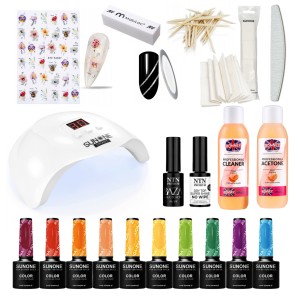 SunOne kompletny zestaw do paznokci z lampą UV LED SMART USB 48W 10 lakierami bazą topem cleanerem i acetonem