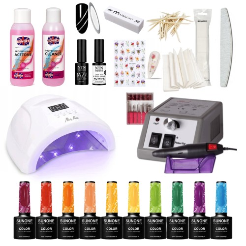 SunOne Zestaw Do Manicure Hybrydowego Lampa UV/LED Frezarka 10x Lakier