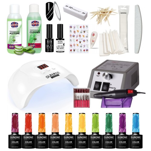 SunOne zestaw do manicure hybrydowego z lampą SMART USB 48W frezarką i 10 lakierami