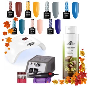SunOne Zestaw do Manicure Hybrydowego 7x Lakier Lampa Frezarka Balsam
