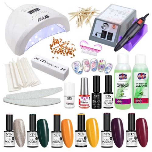 NTN Premium Zestaw Startowy do Paznokci Kolory Jesieni 4x Lakier Hybrydowy + Lampa LED + Frezarka